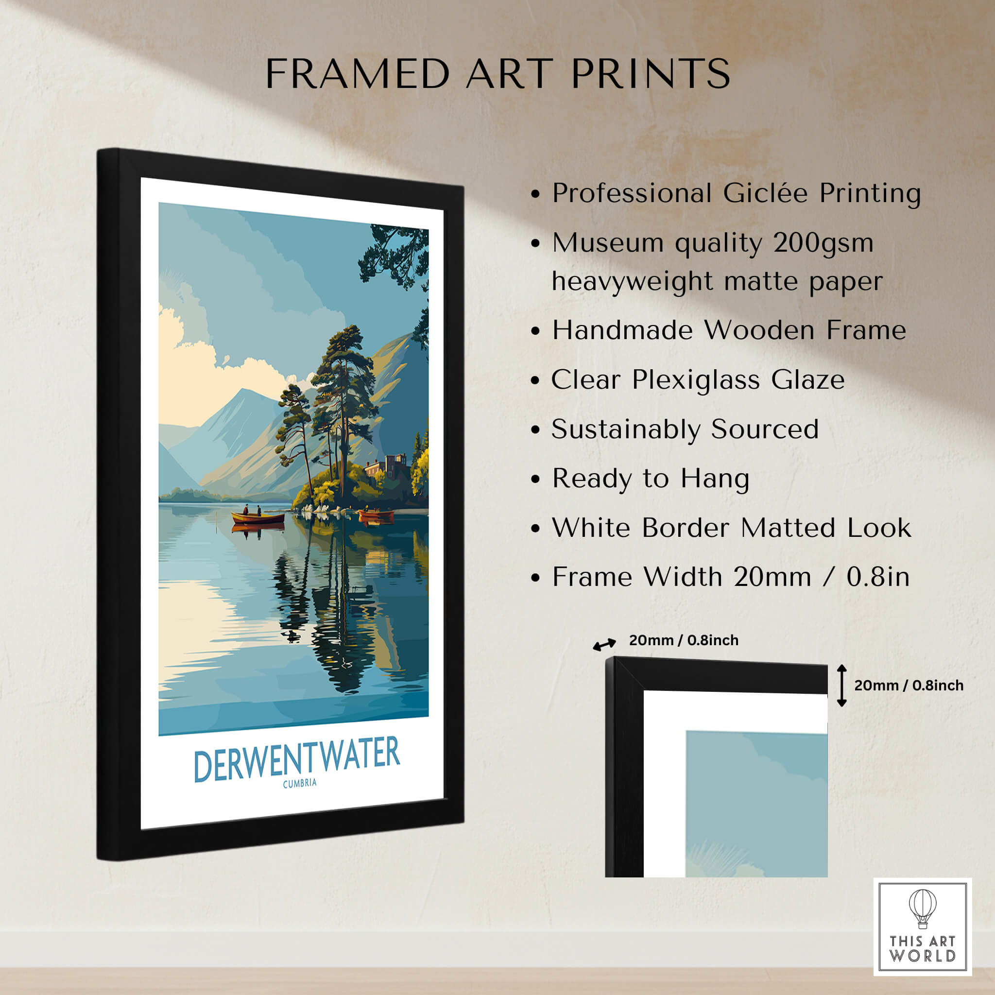 Derwentwater Cumbria Wall Art – Canvas Print showcasing framed Giclée print with blue landscape and clear Plexiglass glaze.