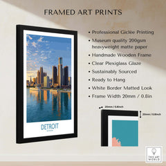 Detroit Michigan City Skyline Art Print | Renaissance Center Poster framed with a wooden frame and clear plexiglass.