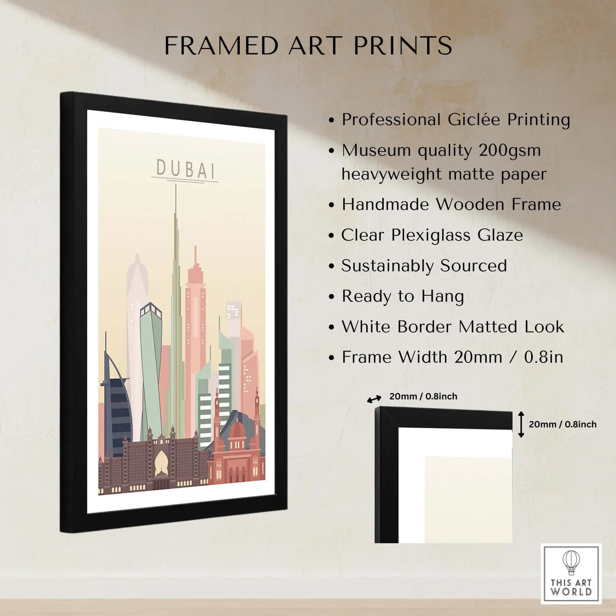 Dubai Wall Art | City Skyline Print in a framed giclée art print showcasing Dubai's iconic skyline with pastel tones.