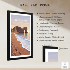 Durdle Door Travel Poster – Jurassic Coast Sunset Art in a stylish black frame with details on professional printing.