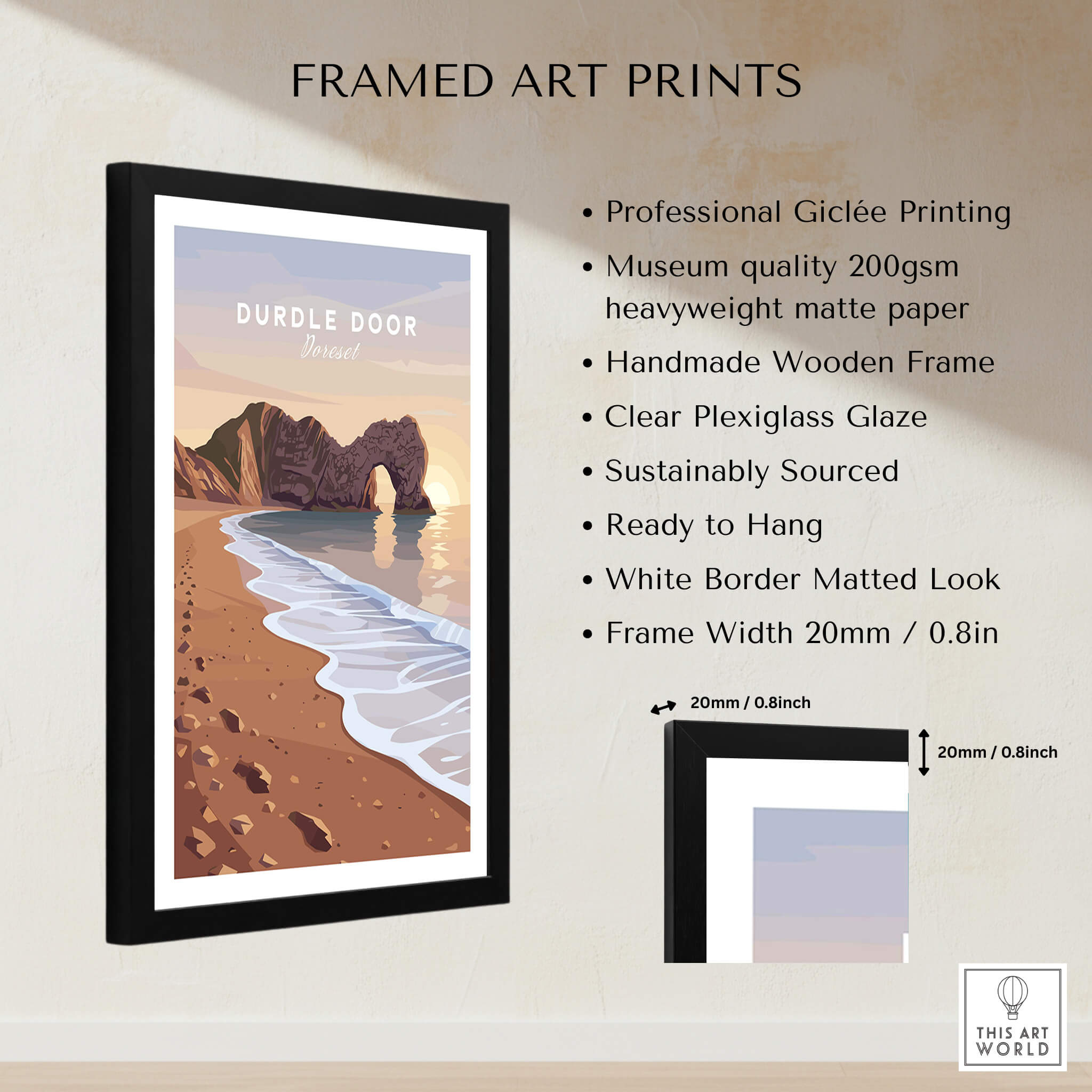 Durdle Door Travel Poster – Jurassic Coast Sunset Art in a stylish black frame with details on professional printing.