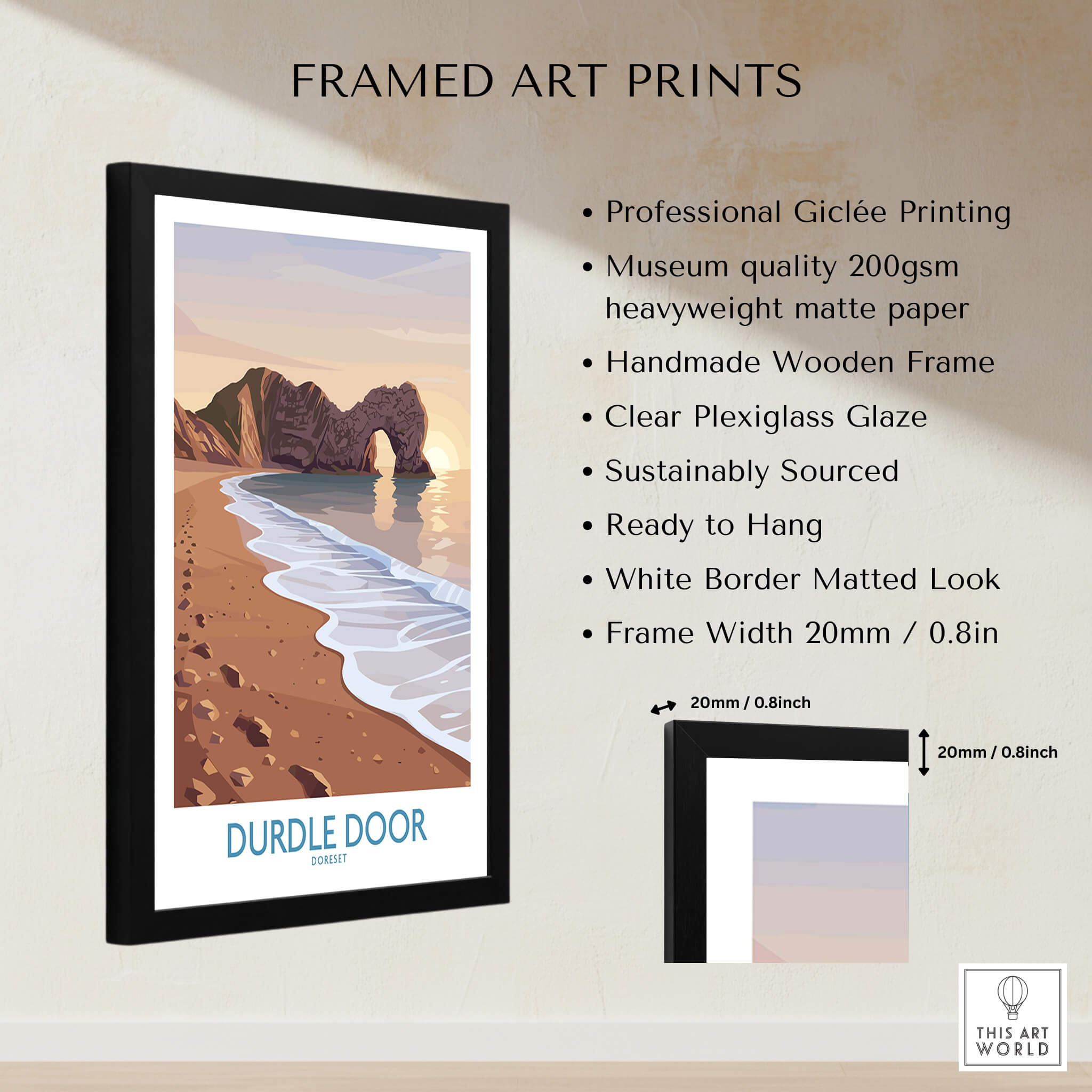 Durdle Door Dorset Wall Art – Canvas Poster framed print with professional giclée printing and wooden frame.