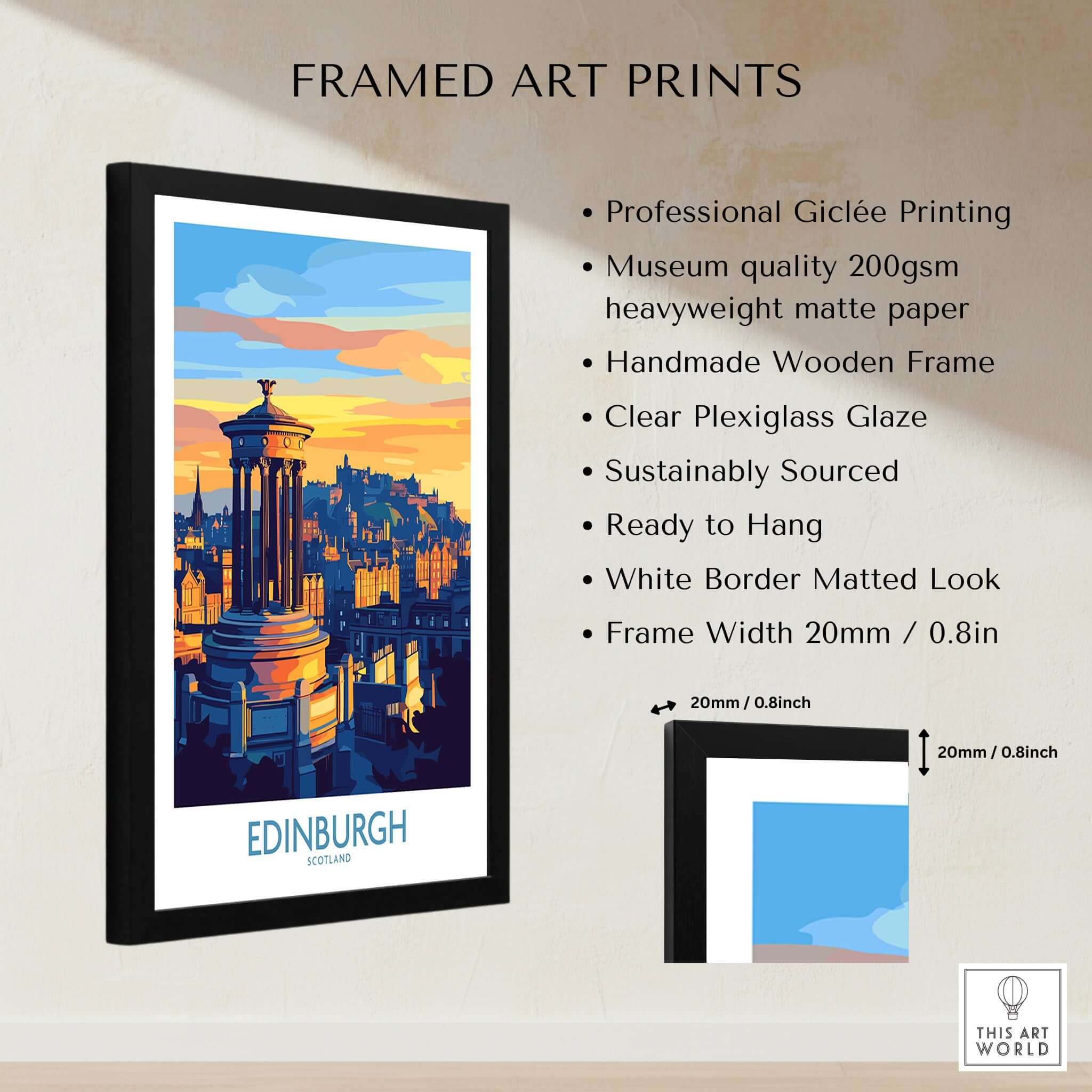 Edinburgh Travel Poster framed art print showcasing iconic landmarks and vibrant colors of Edinburgh.