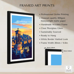 Edinburgh Travel Print showcasing vibrant skyline and architecture in a framed art print with clear plexiglass.