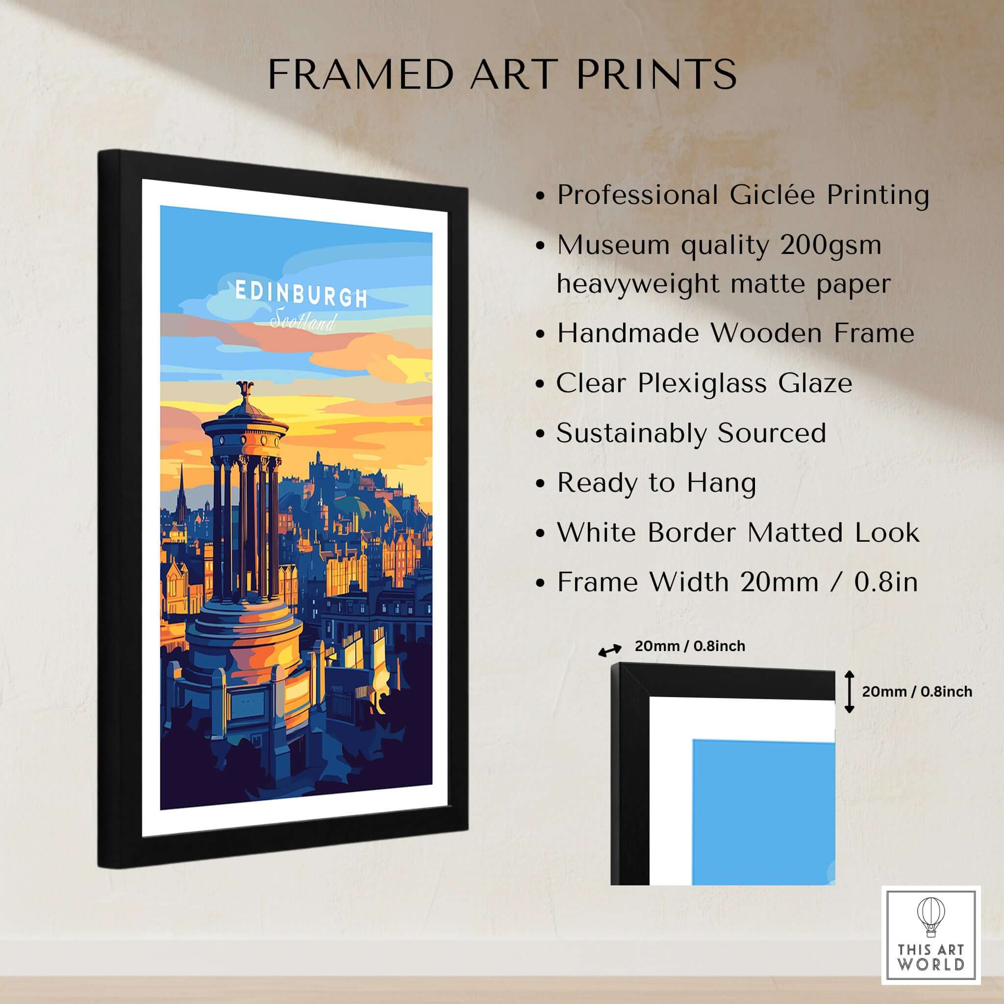 Edinburgh Travel Print showcasing vibrant skyline and architecture in a framed art print with clear plexiglass.
