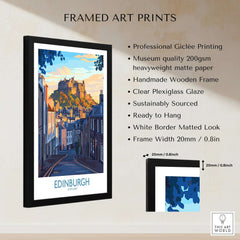 Edinburgh Wall Art Print framed in a professional wooden frame with plexiglass glaze, showcasing the iconic Edinburgh Castle.
