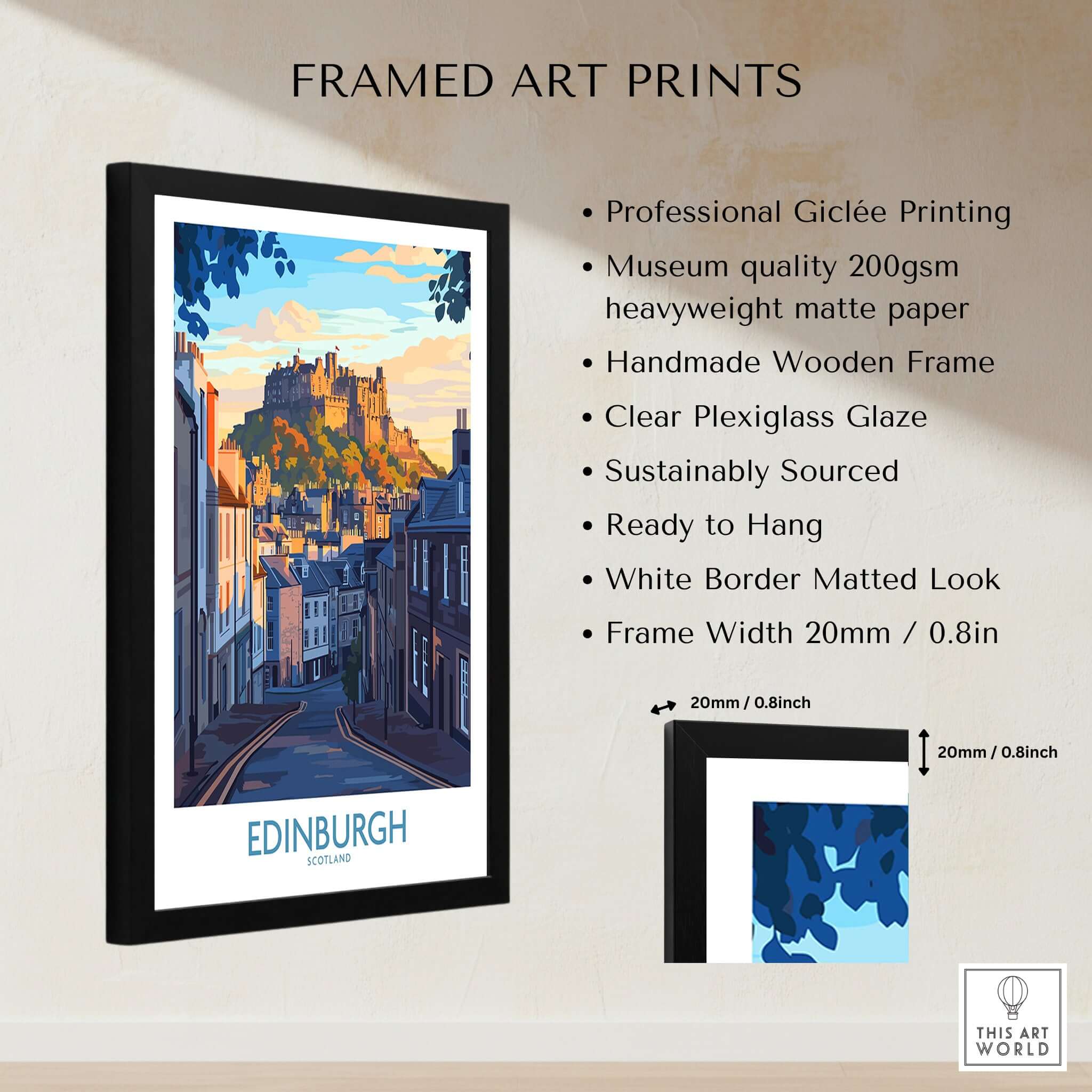 Edinburgh Wall Art Print framed in a professional wooden frame with plexiglass glaze, showcasing the iconic Edinburgh Castle.