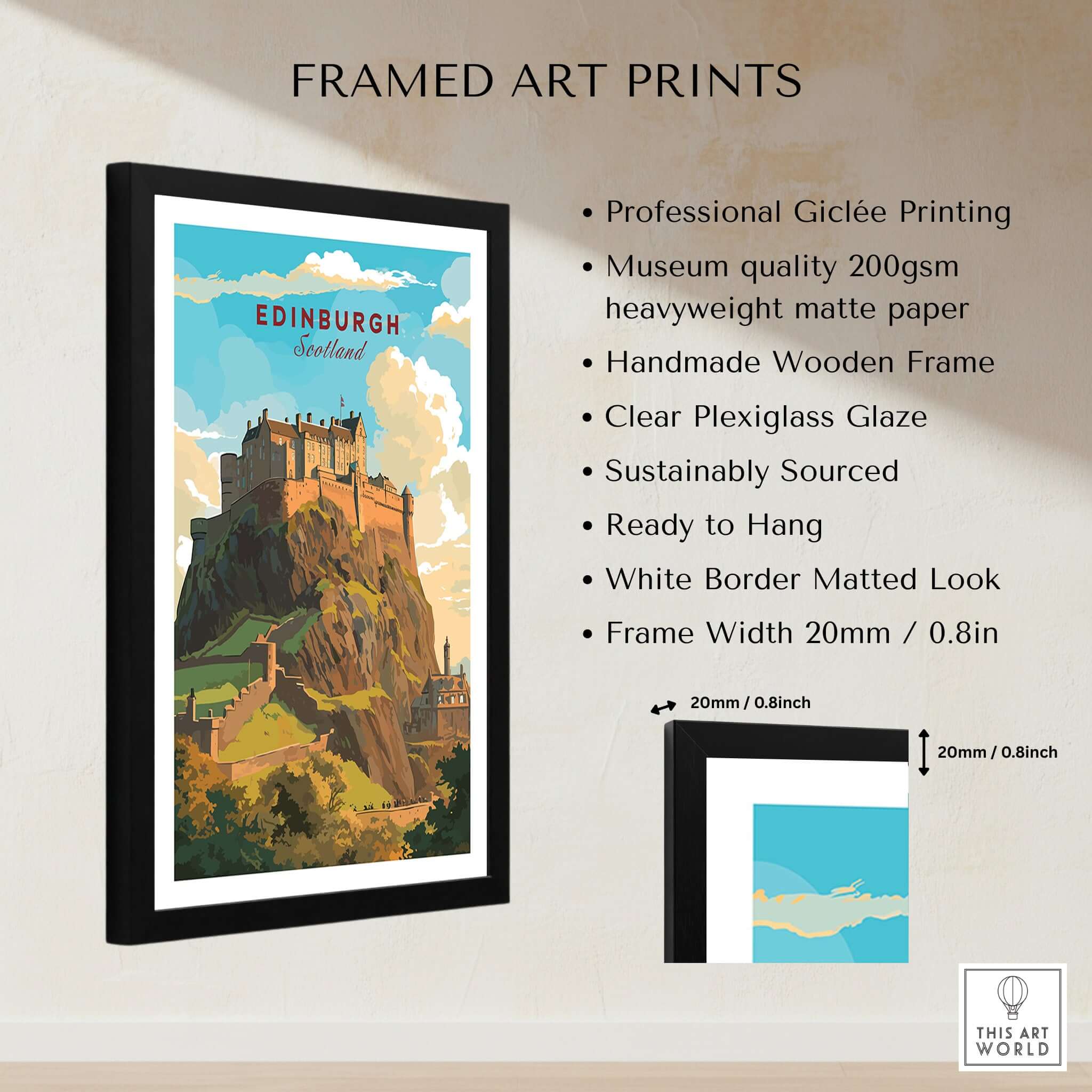 Edinburgh Poster Print framed wall art showcasing Edinburgh Castle with clear plexiglass and handmade wooden frame.