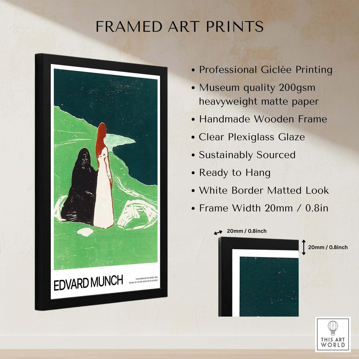 Edvard Munch Art Print - Two Women on the Shore 1898 Woodcut AIC Poster displayed in a wooden frame with description.