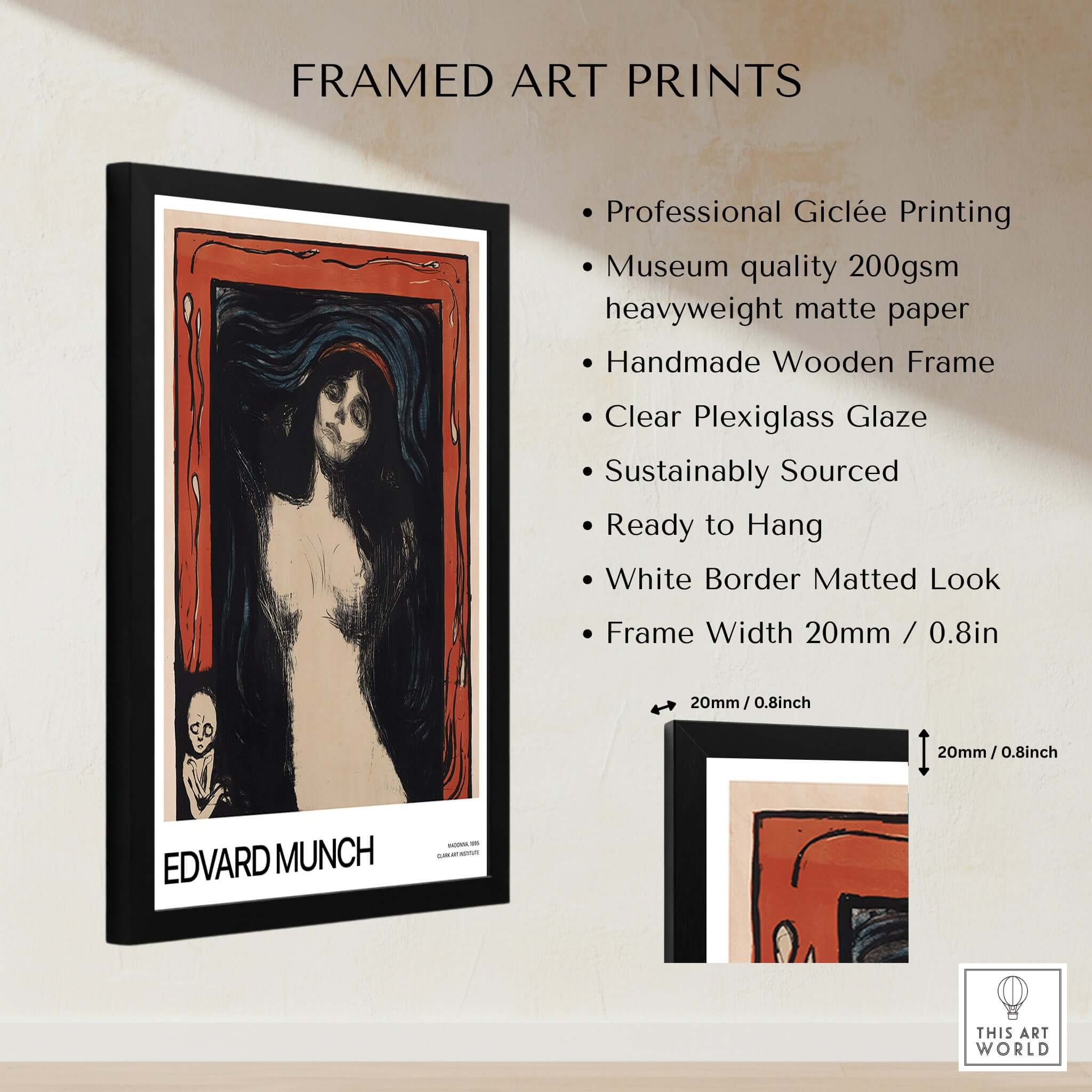 Edvard Munch Art Print - Madonna 1895 Color Lithograph Symbolist Poster in handmade wooden frame with plexiglass.