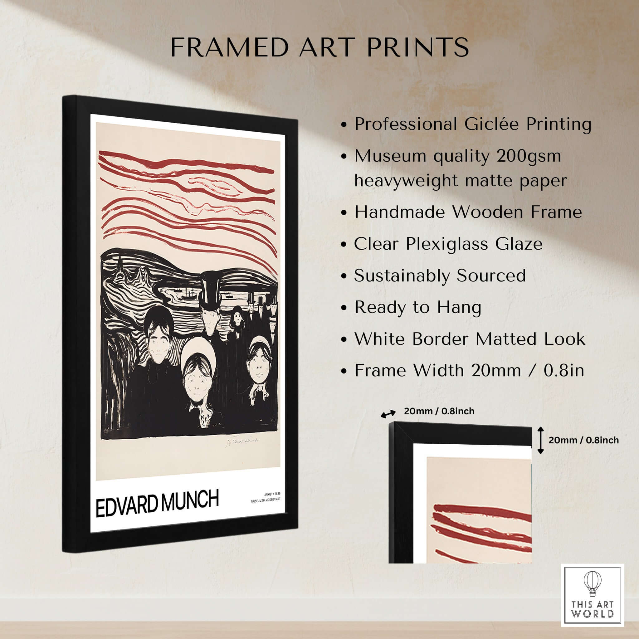Edvard Munch Art Print - Anxiety 1896 Expressionist Lithograph MoMA Poster framed with professional Giclée printing.