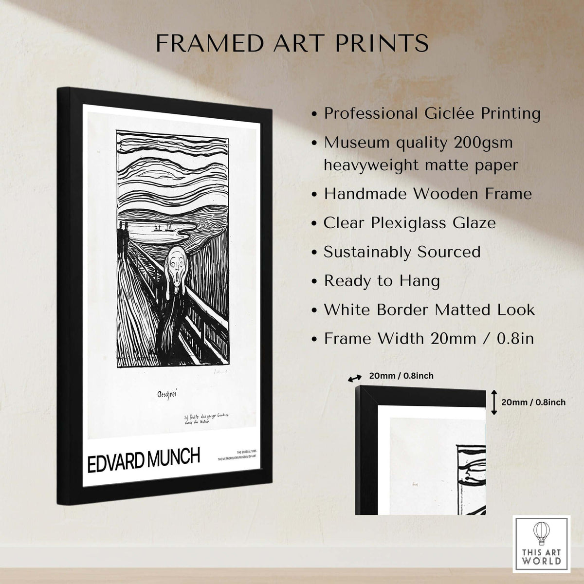 Edvard Munch The Scream 1895 Lithograph Art Print Expressionist Poster framed art print with clear plexiglass glaze.