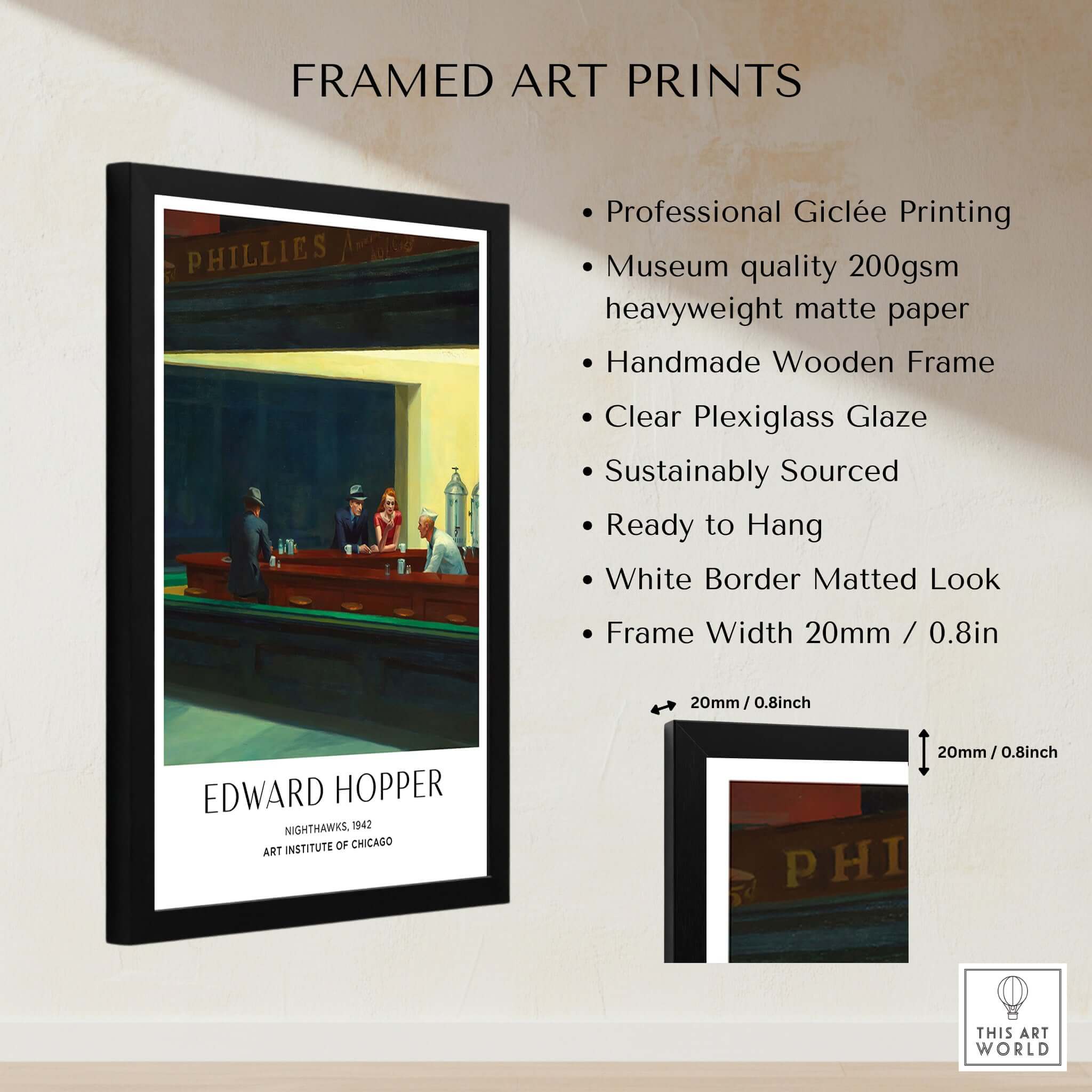 Edward Hopper Nighthawks 1942 Iconic Diner Art Print AIC Poster framed with giclée printing and wooden frame.