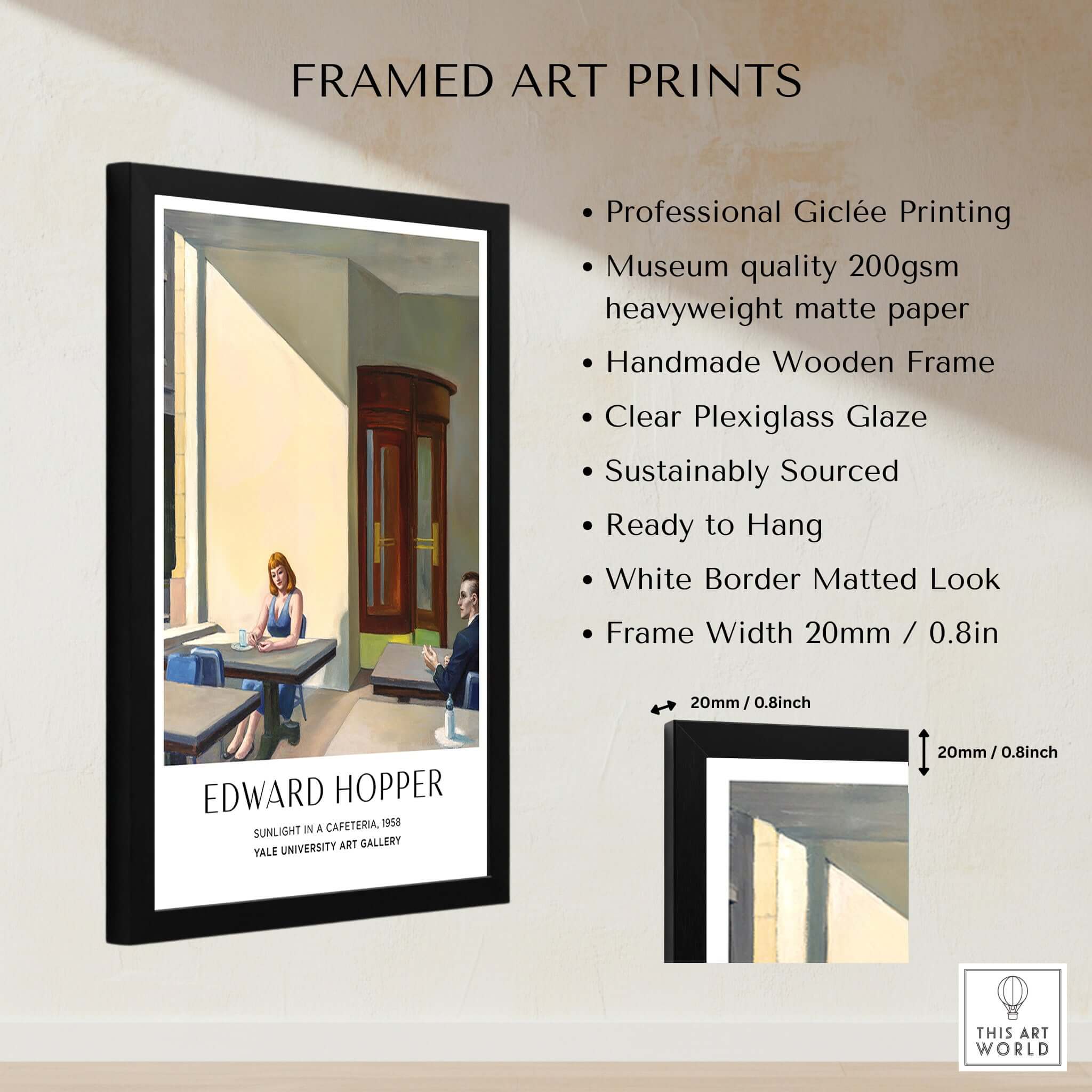 Edward Hopper Sunlight in a Cafeteria 1958 Yale Art Gallery Print framed art print showcasing urban isolation.