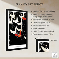 Exhibition Art Print Myriad of Flying Cranes Japanese Bird Pattern Poster Wall Art framed with black wooden frame and plexiglass.