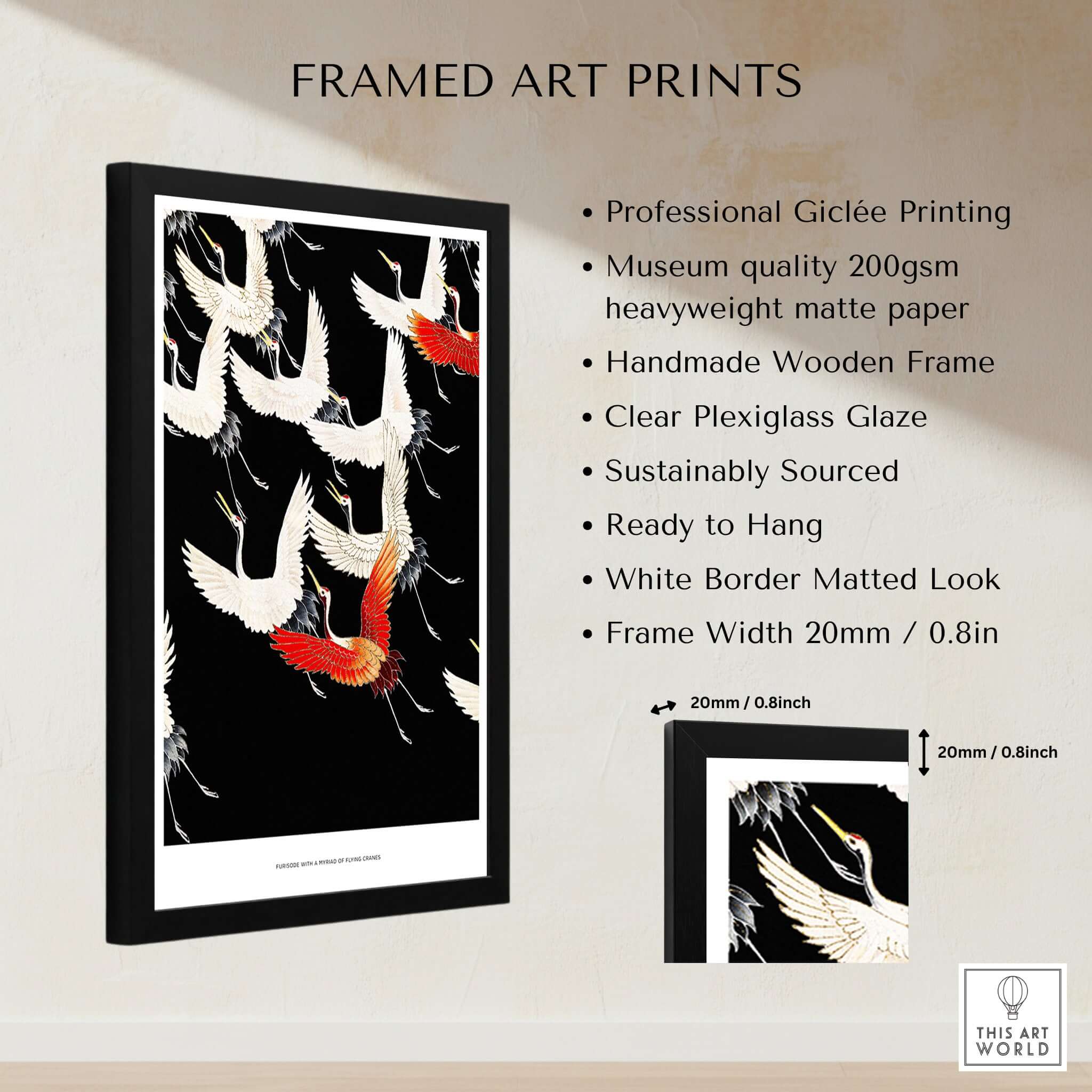 Exhibition Art Print Myriad of Flying Cranes Japanese Bird Pattern Poster Wall Art framed with black wooden frame and plexiglass.