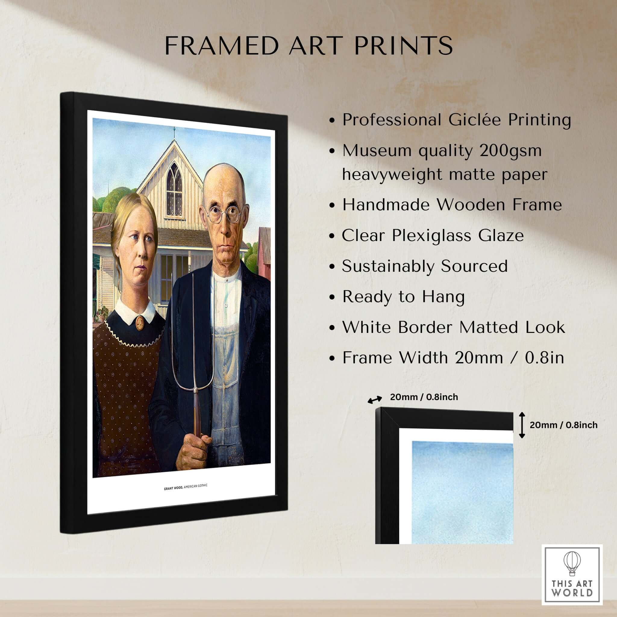 Exhibition Art Print American Gothic Grant Wood Famous Painting Wall Art Poster framed with professional giclée printing.