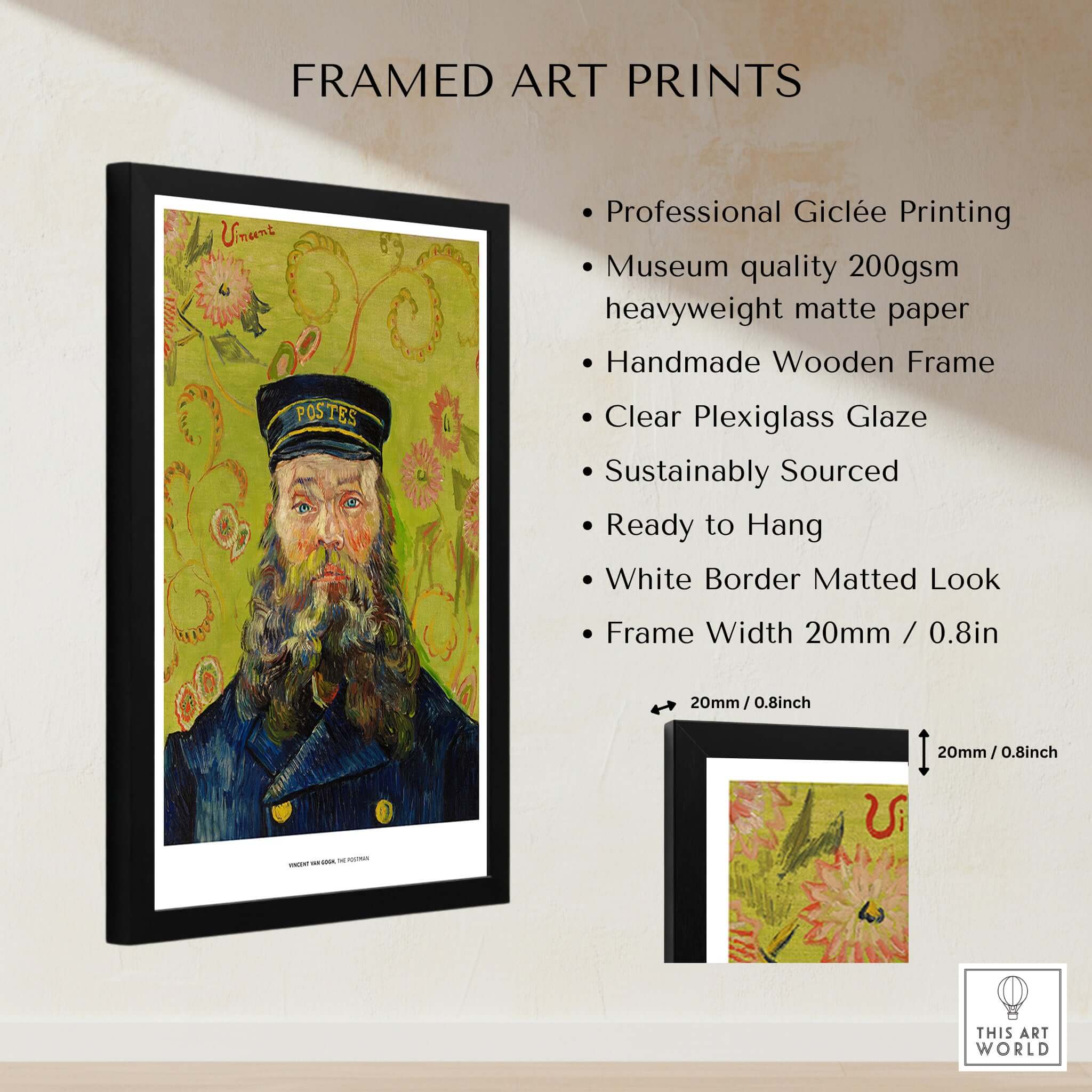 Exhibition Art Print Vincent van Gogh The Postman Famous Portrait Wall Art Poster in a stylish frame with details.