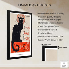 Exhibition Art Print Steinlen Tournée du Chat Noir Vintage French Black Cat Poster displayed in a sleek black frame.