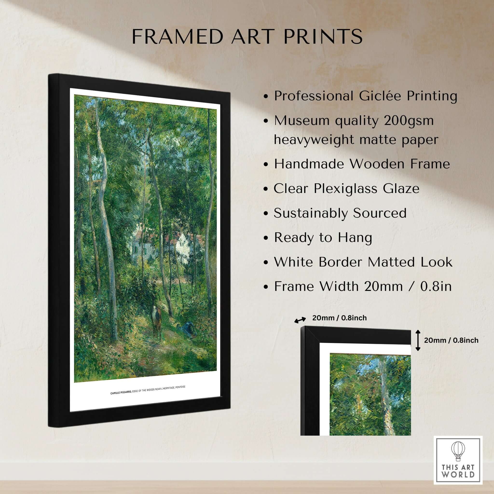 Exhibition Art Print Camille Pissarro Edge of the Woods Impressionist Landscape Poster Wall Art framed for display.