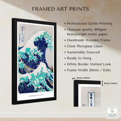 Exhibition Art Print Hokusai The Great Wave off Kanagawa Japanese Ukiyo-e Poster framed in a stylish black frame with matte finish.