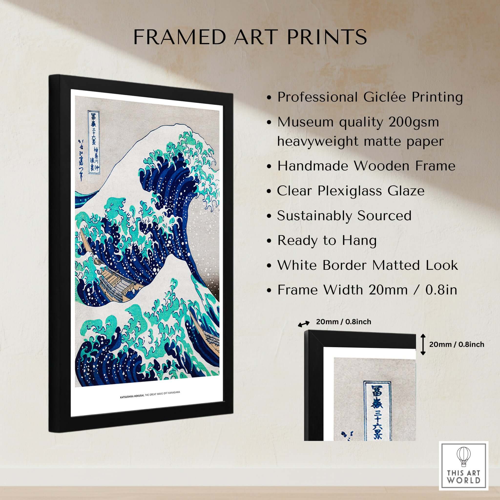 Exhibition Art Print Hokusai The Great Wave off Kanagawa Japanese Ukiyo-e Poster framed in a stylish black frame with matte finish.