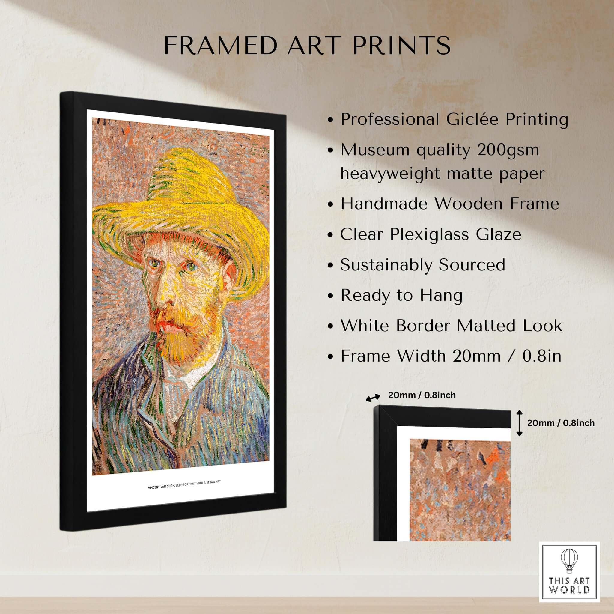 Vincent van Gogh Self Portrait Straw Hat Post-Impressionist Art Print Poster framed art print with handmade wooden frame.