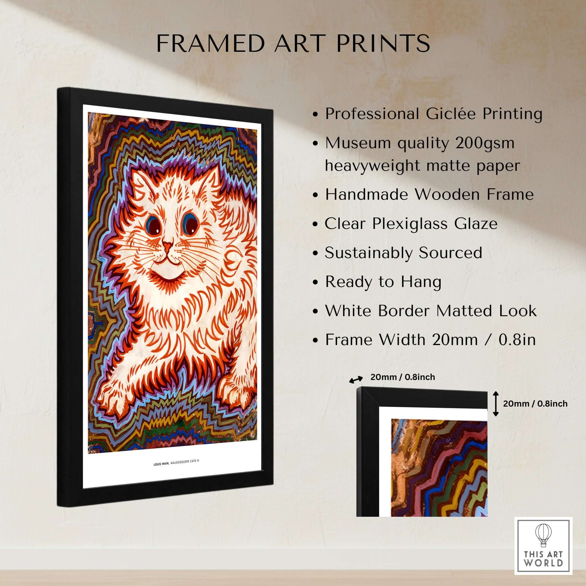 Kaleidoscope Cat Psychedelic Feline Poster Wall Art Louis Wain Exhibition Art Print framed with vibrant colors and patterns.