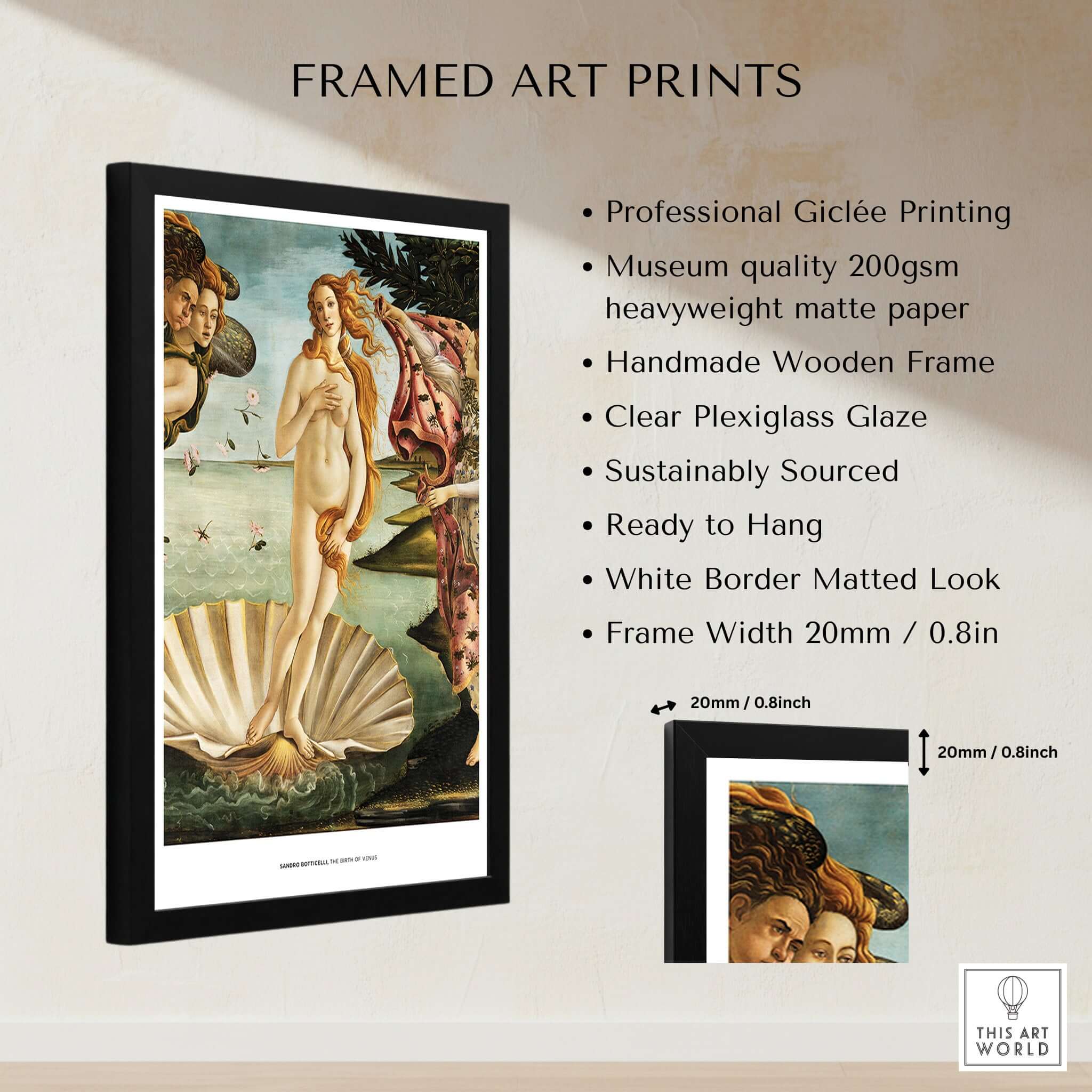 The Birth of Venus Art Print Sandro Botticelli Mythology Poster framed with museum quality materials and plexiglass.