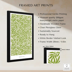 Exhibition Art Print William Morris Willow Pattern Green Botanical Wall Art framed print detail with descriptions.