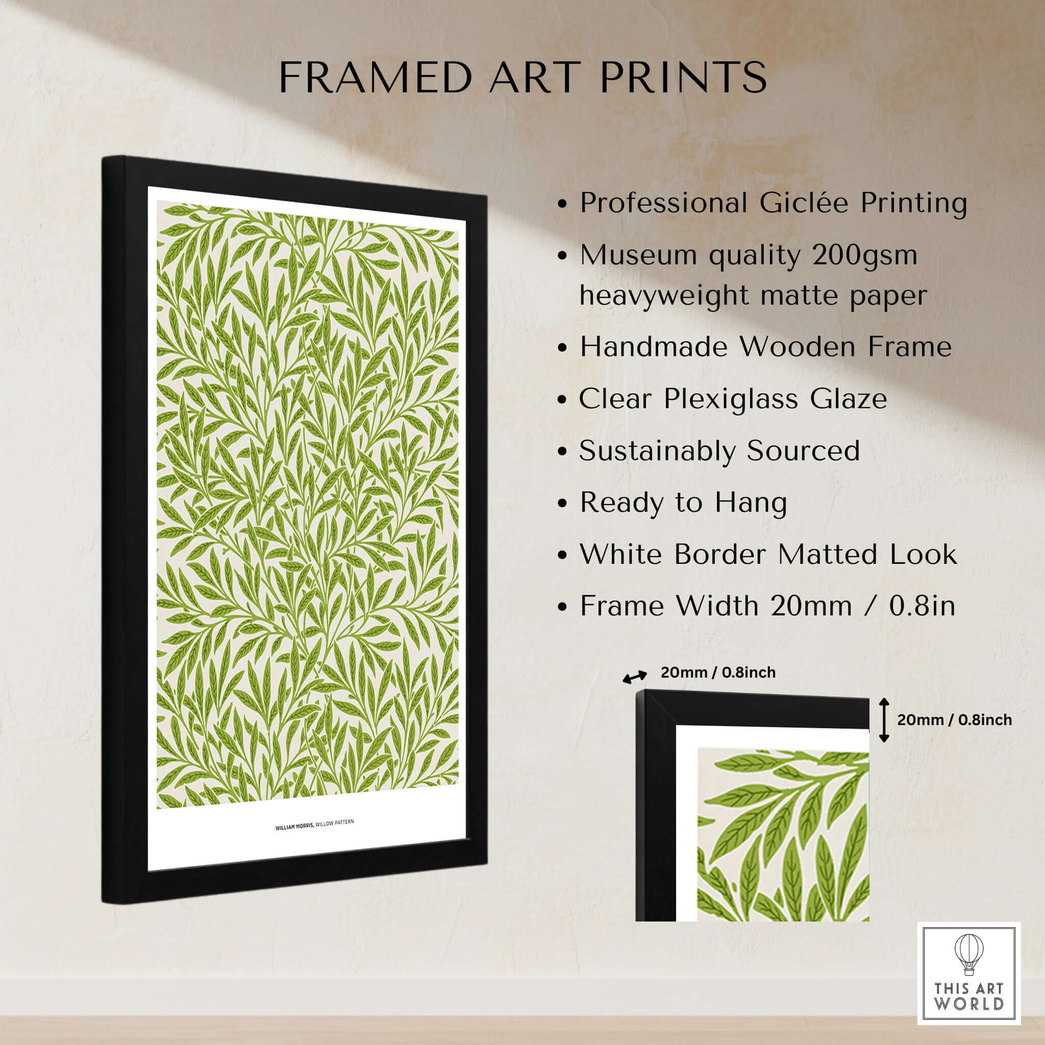 Exhibition Art Print William Morris Willow Pattern Green Botanical Wall Art framed print detail with descriptions.