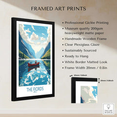 Fjords Norway Wall Art | Modern Style with framed print showcasing stunning Nordic landscapes and a serene boat scene.