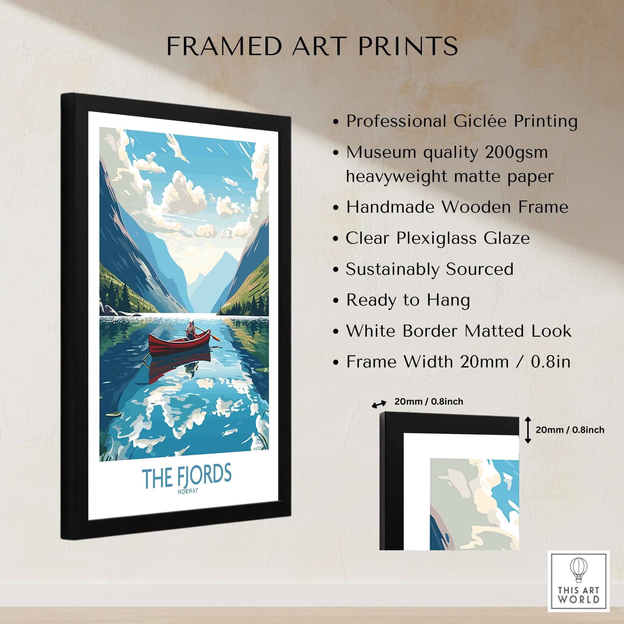 Fjords Norway Wall Art | Modern Style with framed print showcasing stunning Nordic landscapes and a serene boat scene.