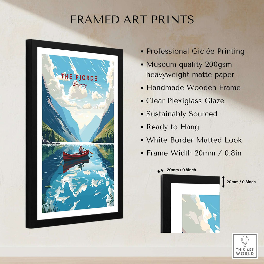 Fjords Wall Art Norway, framed art print featuring a serene fjord scene with a boat, perfect for home décor.