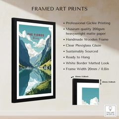 Norway Fjords Travel Poster framed art print highlighting stunning fjords in Norway with professional giclée quality.