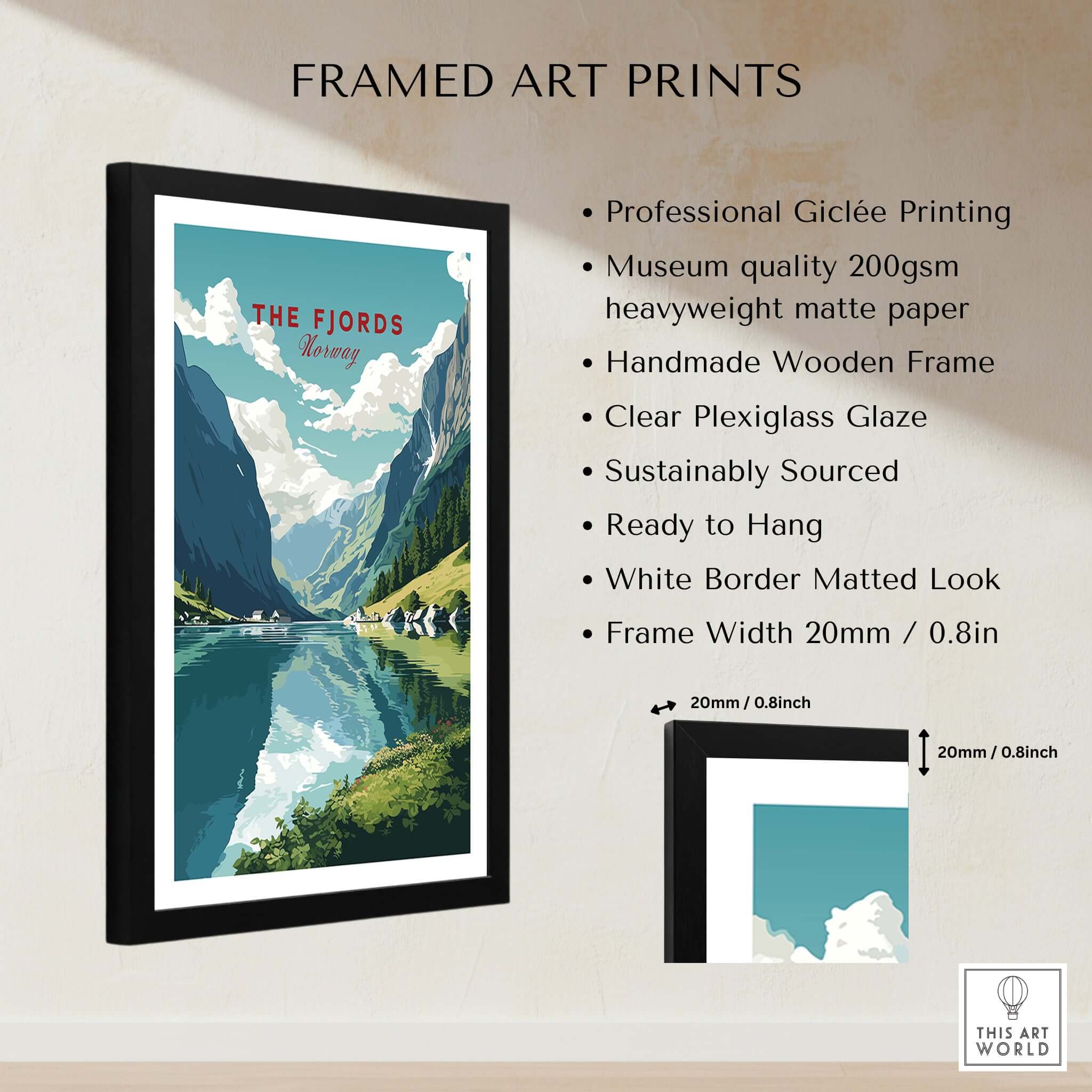 Norway Fjords Travel Poster framed art print highlighting stunning fjords in Norway with professional giclée quality.