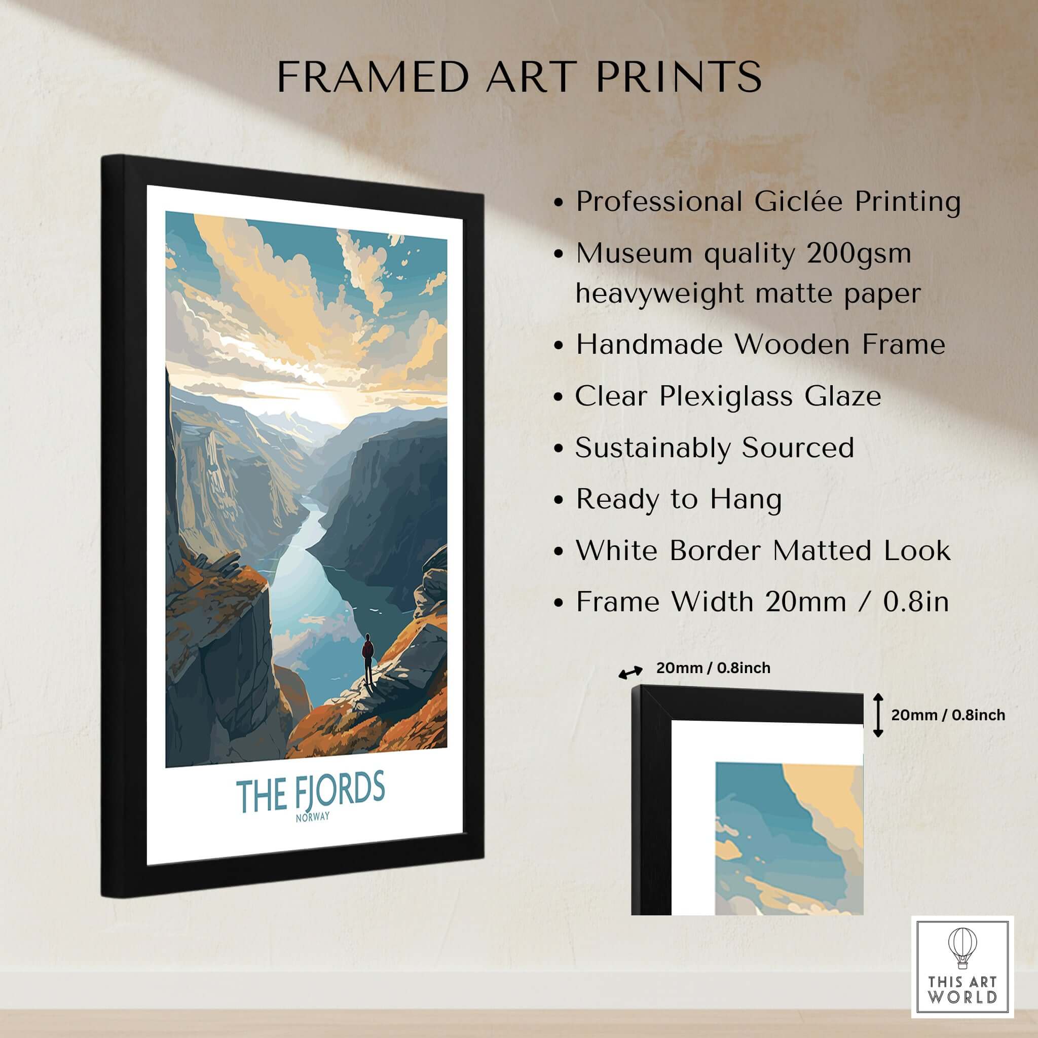 Fjords Wall Art | Modern Style framed print showcasing breathtaking Norway landscape with clear plexiglass glaze.