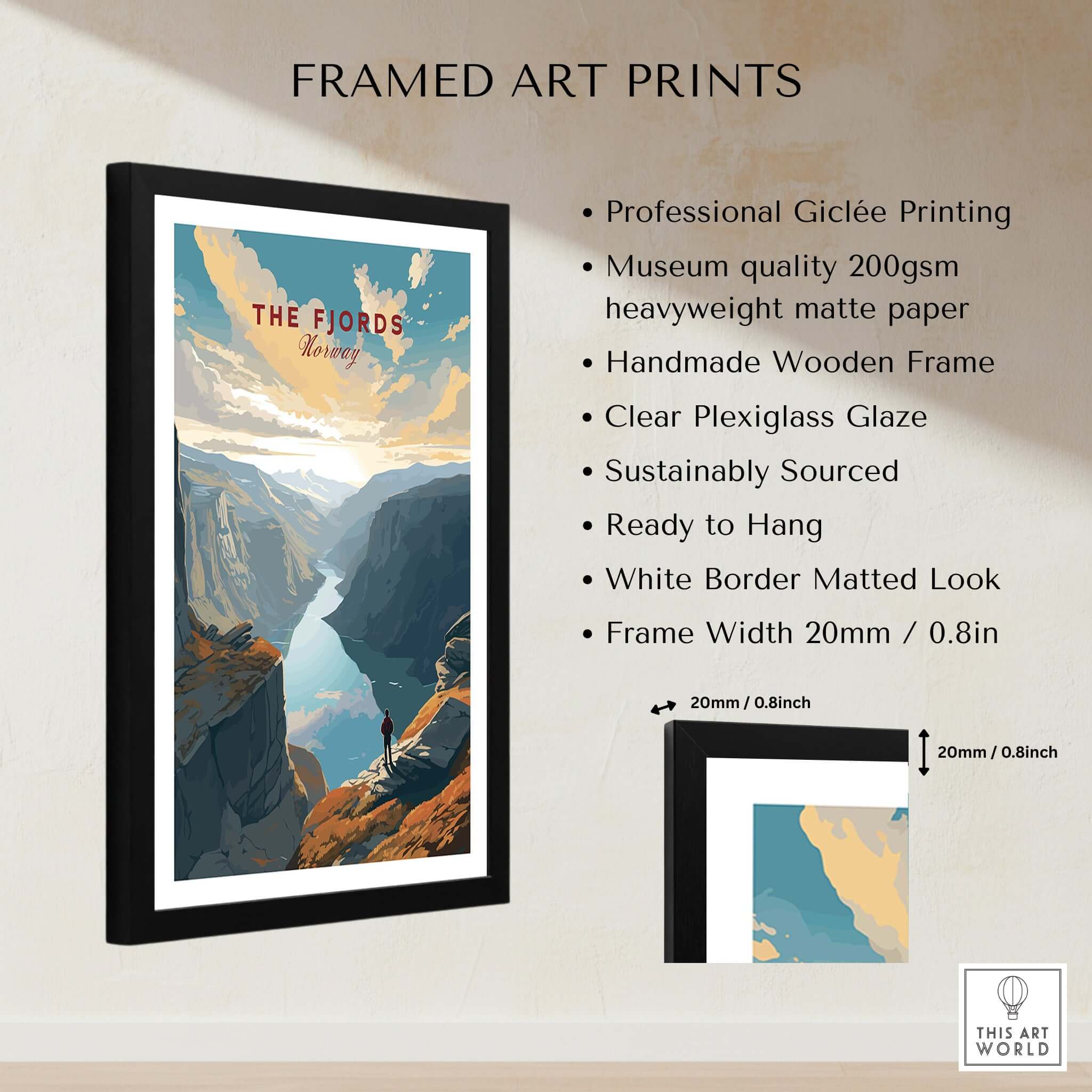 Fjord Wall Art Print - Norway in a black frame, showcasing stunning landscape design with quality details.