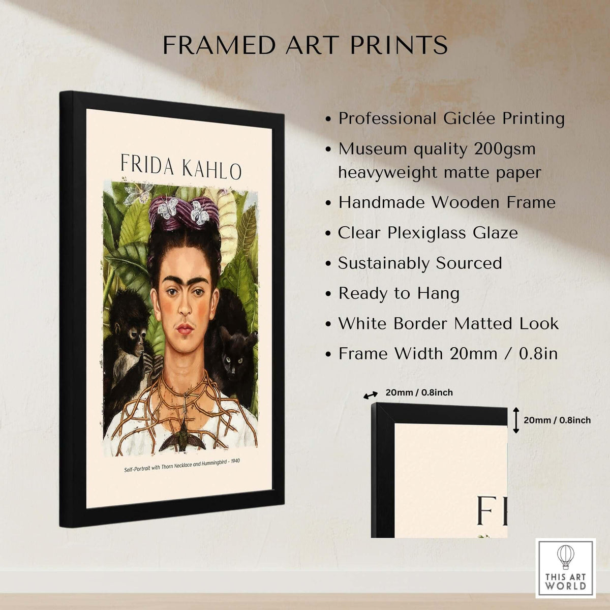 Frida Kahlo Self Portrait with Thorn Necklace and Hummingbird Print framed art print showcasing giclée quality and handcrafted design.