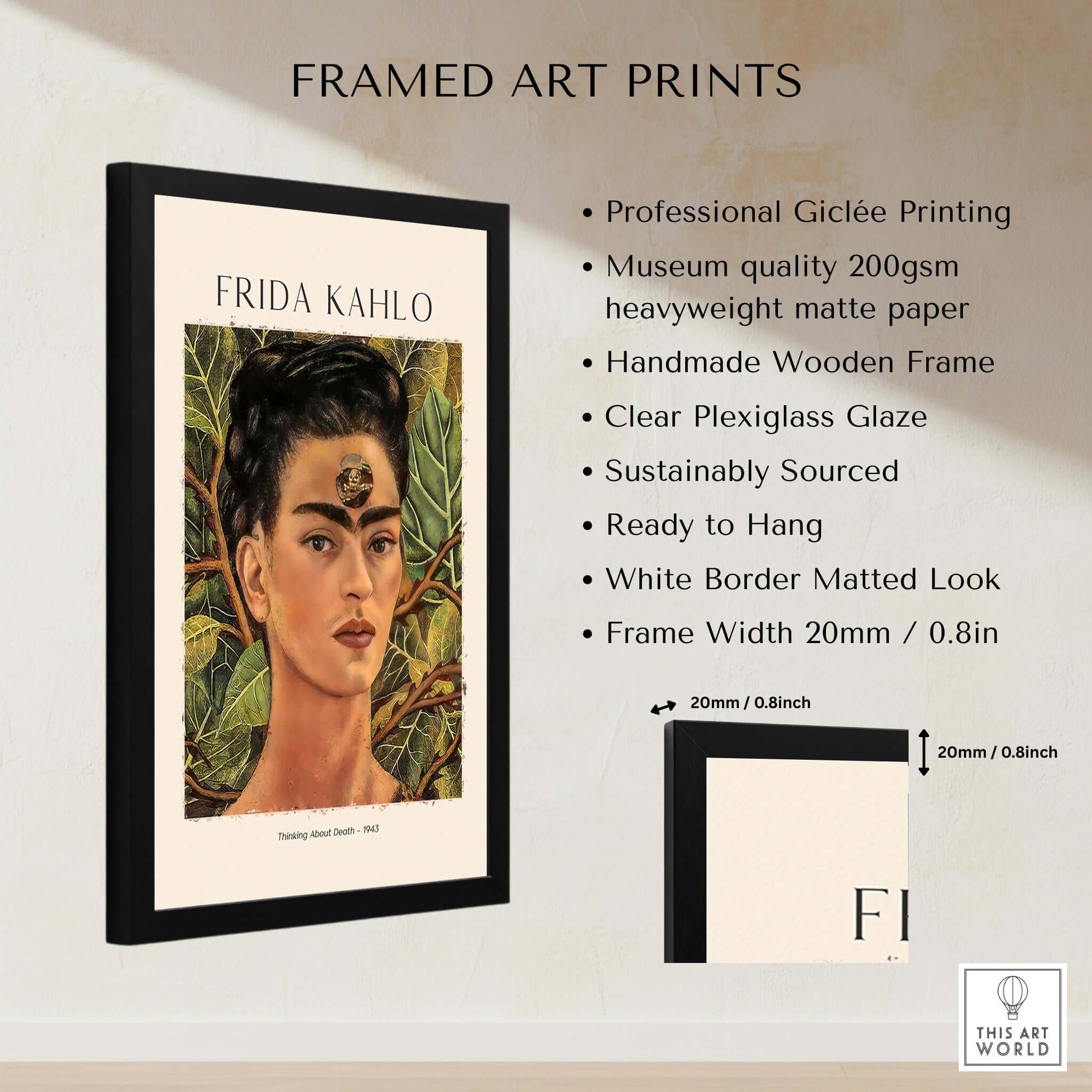 Frida Kahlo Thinking About Death Self Portrait Wall Art Print Poster framed art print with clear plexiglass.