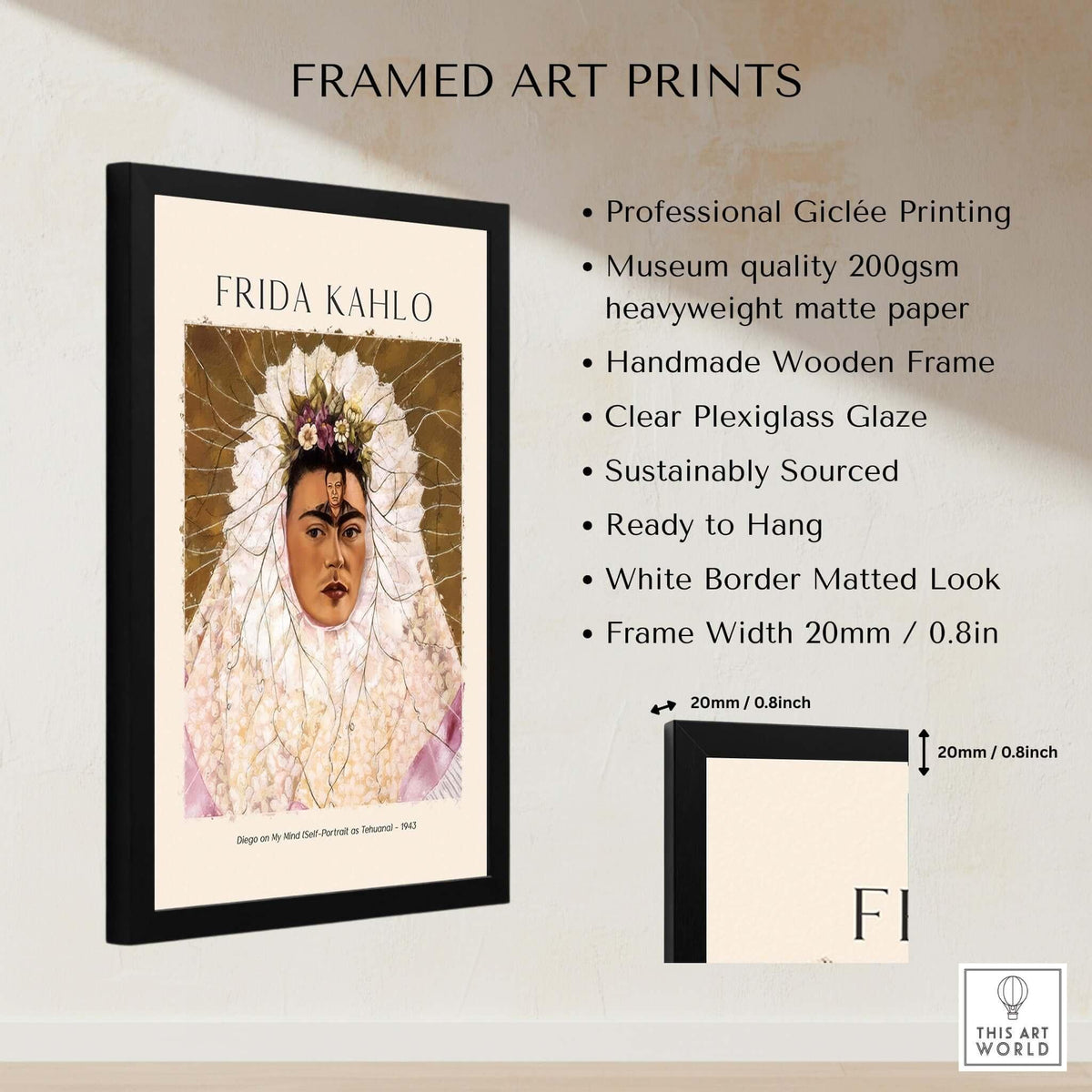 Frida Kahlo Diego on My Mind Tehuana Self Portrait Poster Art Print framed with professional giclée printing and sustainable materials.