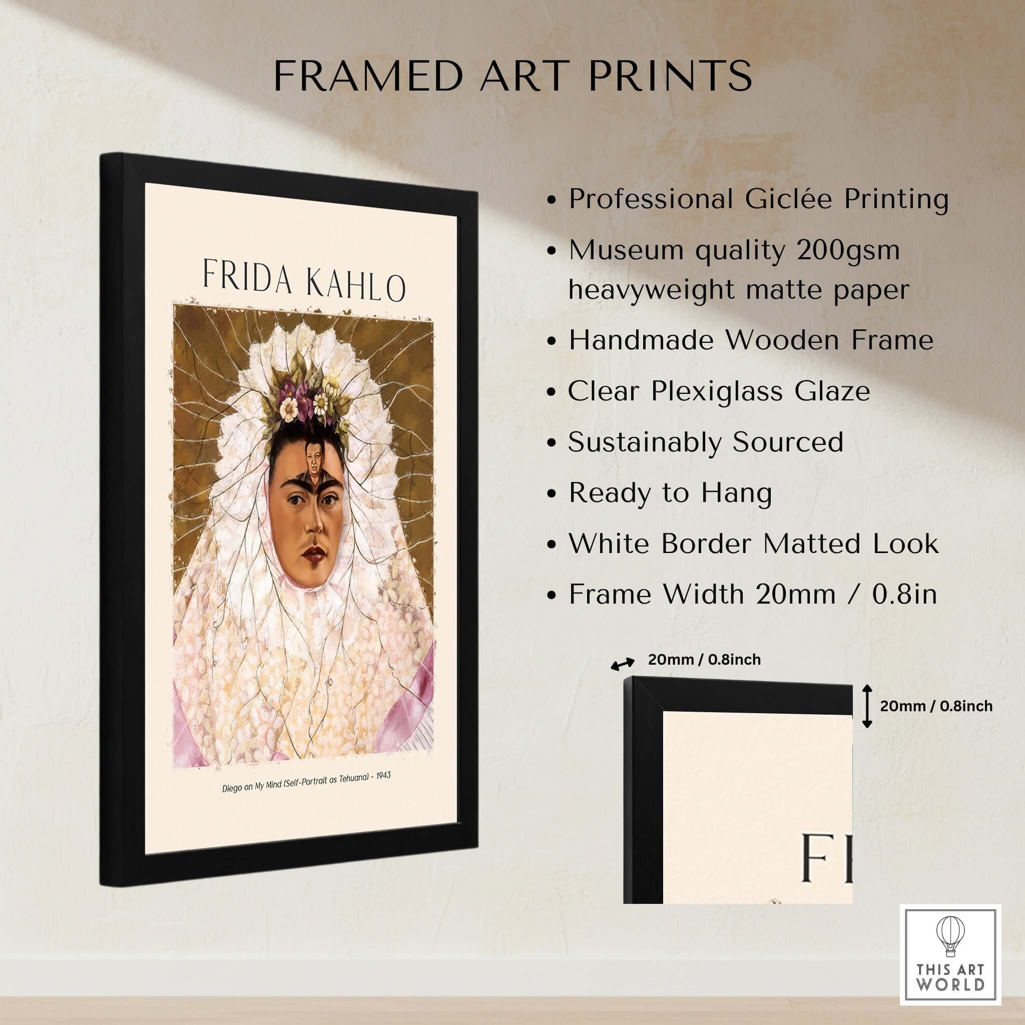 Frida Kahlo Diego on My Mind Tehuana Self Portrait Poster Art Print framed with professional giclée printing and sustainable materials.