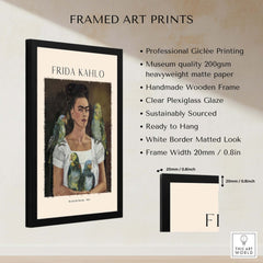 Frida Kahlo Me and My Parrots Self Portrait Art Print Poster Wall Art framed with features and dimensions displayed.