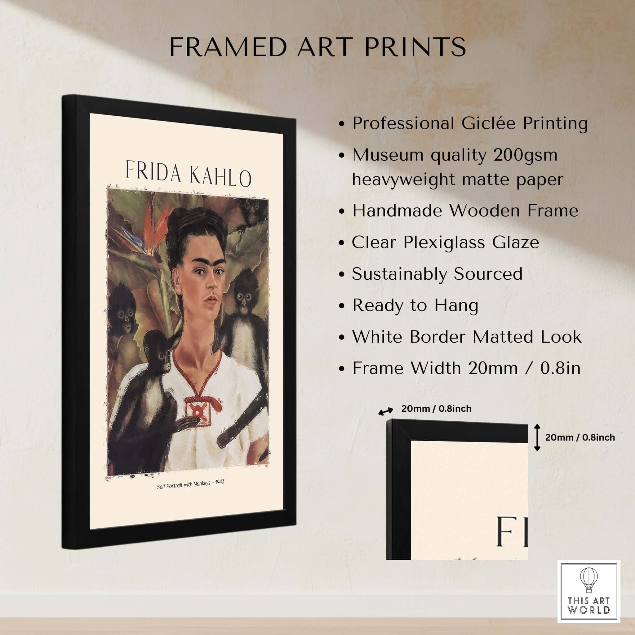 Frida Kahlo Self Portrait with Monkeys Famous Painting Poster Art Print framed with wooden frame and plexiglass, ready to hang.