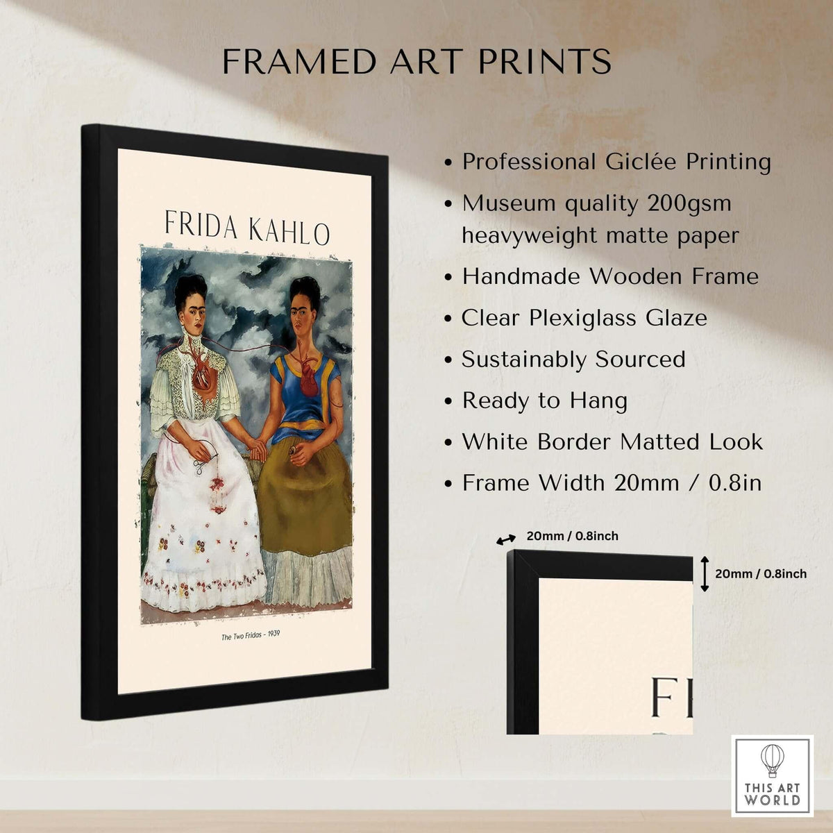 Frida Kahlo The Two Fridas Famous Art Print Poster Wall Art framed with clear plexiglass and museum quality printing.
