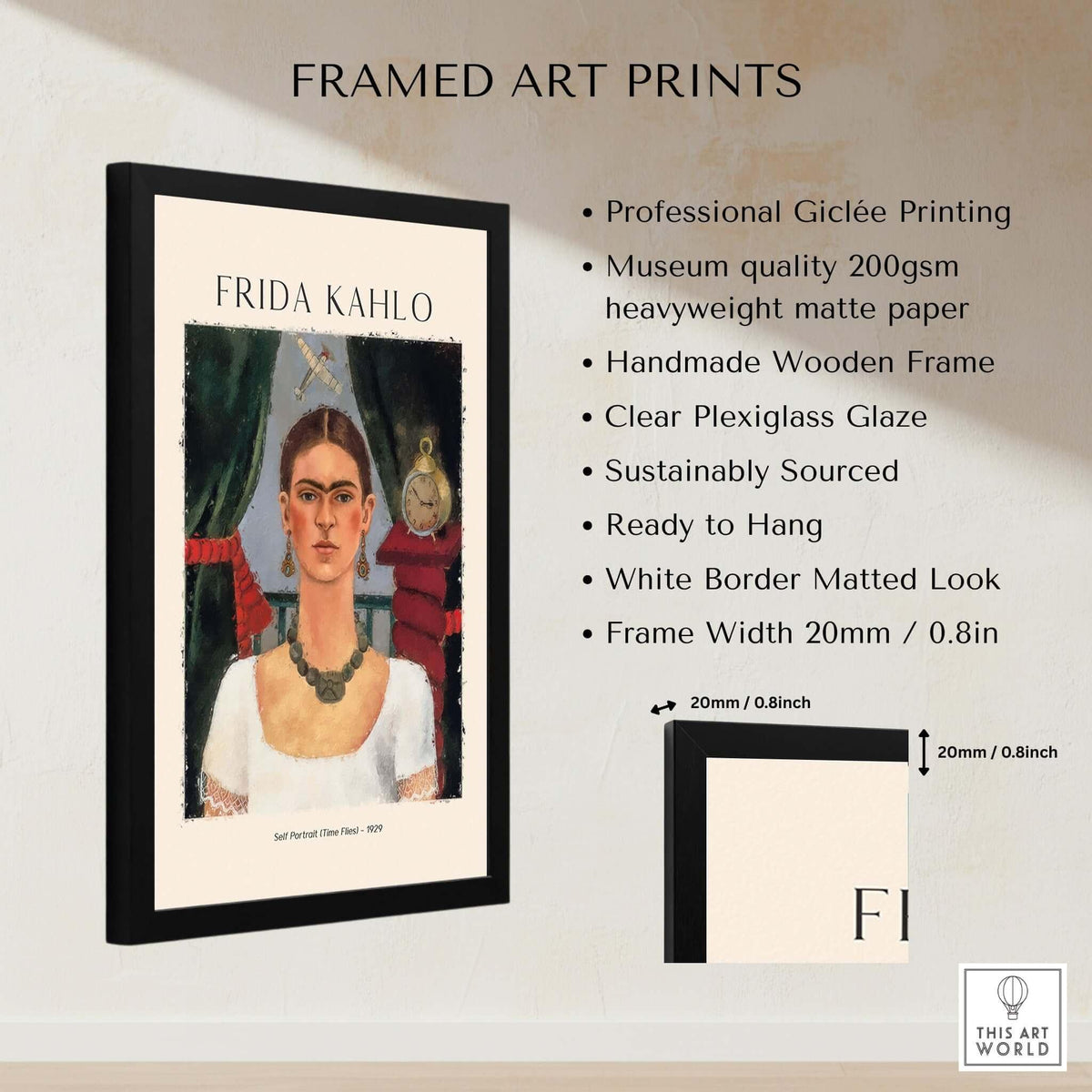 Frida Kahlo Self Portrait Time Flies 1929 Vintage Art Print Poster with black frame and white border details.