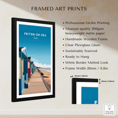 Frinton-on-Sea Travel Poster – Essex Coastline Beach Huts & Prom Art framed art print showcasing colorful beach huts.