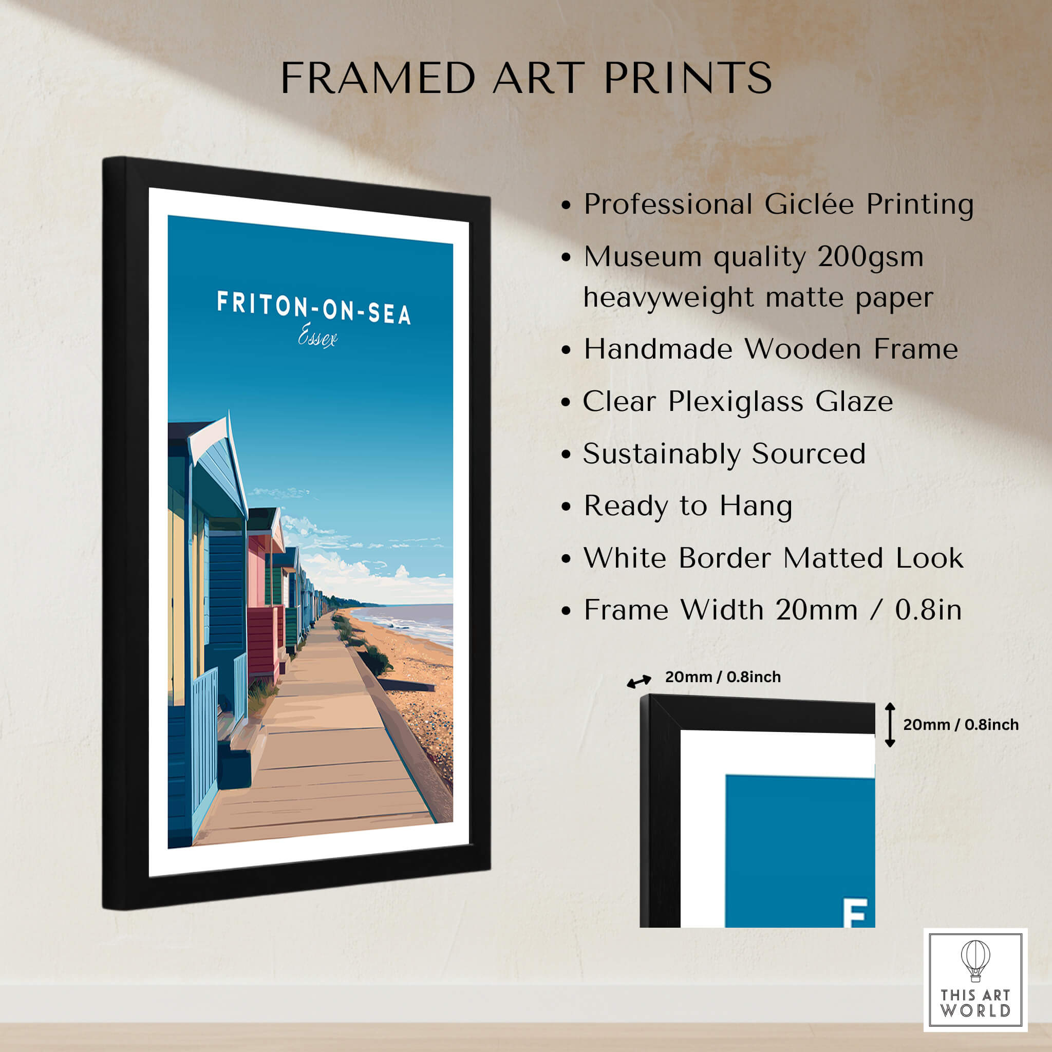 Frinton-on-Sea Travel Poster – Essex Coastline Beach Huts & Prom Art framed art print showcasing colorful beach huts.