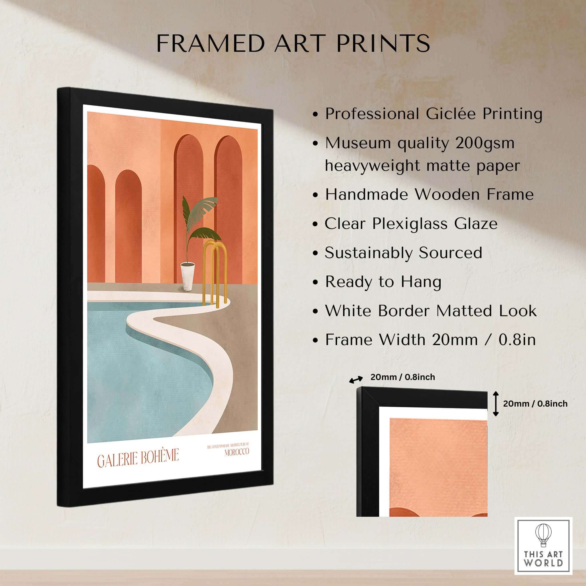Galerie Bohème Poolside Morocco Architecture Poster Minimalist Wall Art Print in a framed presentation.