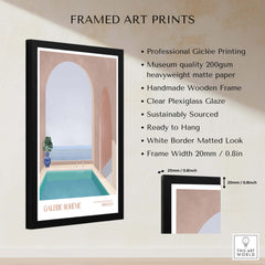 Galerie Bohème Moroccan Pool Ocean Archway Art Print Mediterranean Poster displayed in a framed art print format with detailed specifications.